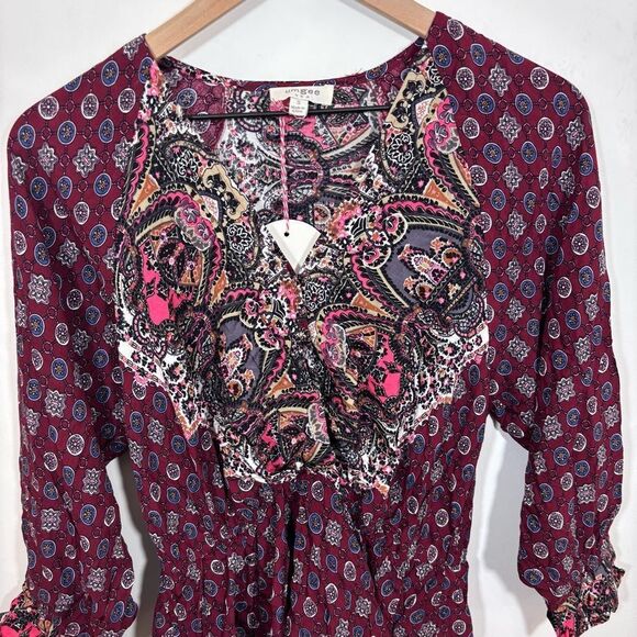 Umgee Wine Multiprint Surplice Long Sleeve Tiered Short Dress NEW Size Small - Picture 3 of 14